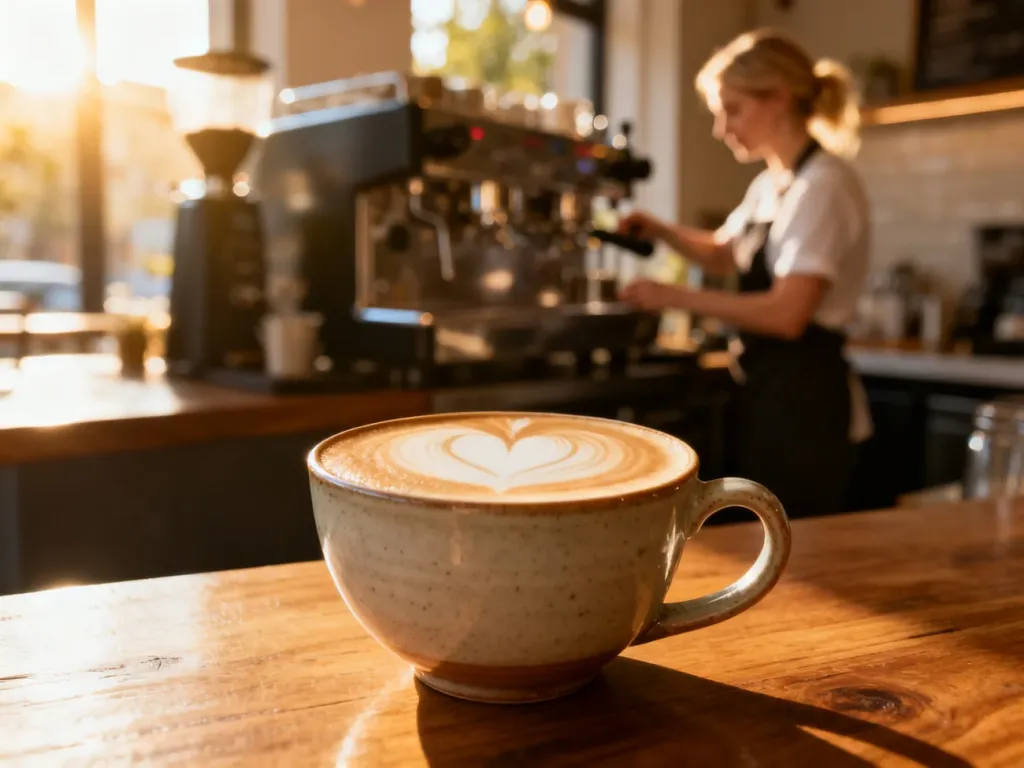Flat white w ceramicznej filiżance z wzorem latte art na tle przytulnej kawiarni.