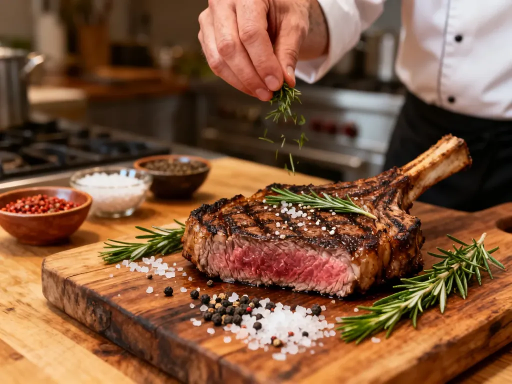 Soczysty stek ribeye na drewnianej desce, przyprawiony solą, pieprzem i świeżym rozmarynem w profesjonalnej kuchni.