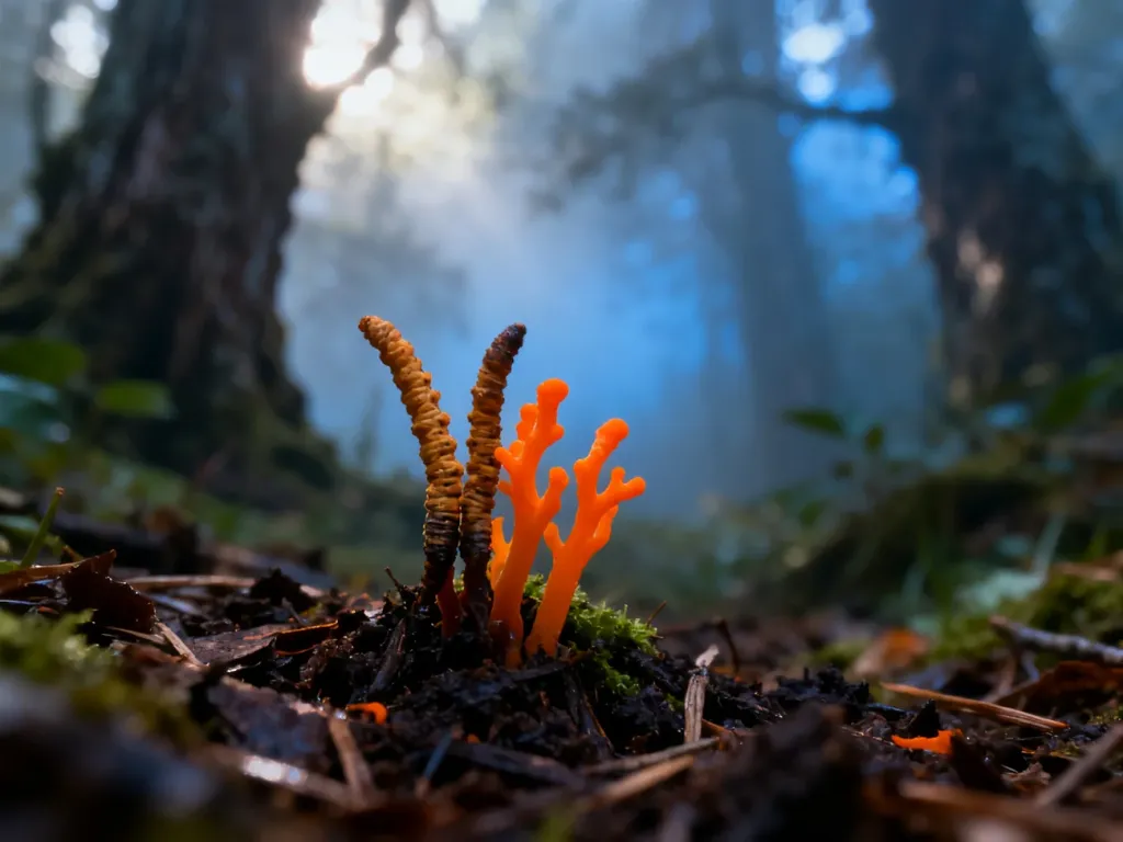 Grzyby Cordyceps rosnące na leśnym podłożu w otoczeniu zamglonego lasu, podkreślające ich naturalne pochodzenie.