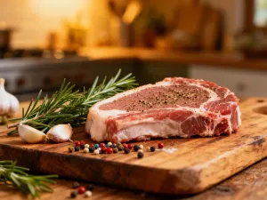 Świeże plastry cukinii obok miseczki z aromatycznymi ziołami i przyprawami na rustykalnym drewnianym stole.