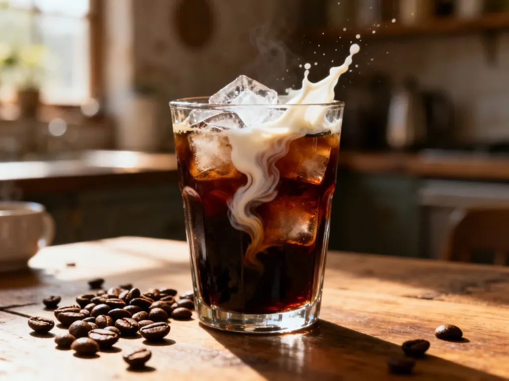 Szklanka cold brew z lodem i wirującym mlekiem na drewnianym stole w słonecznej kuchni.